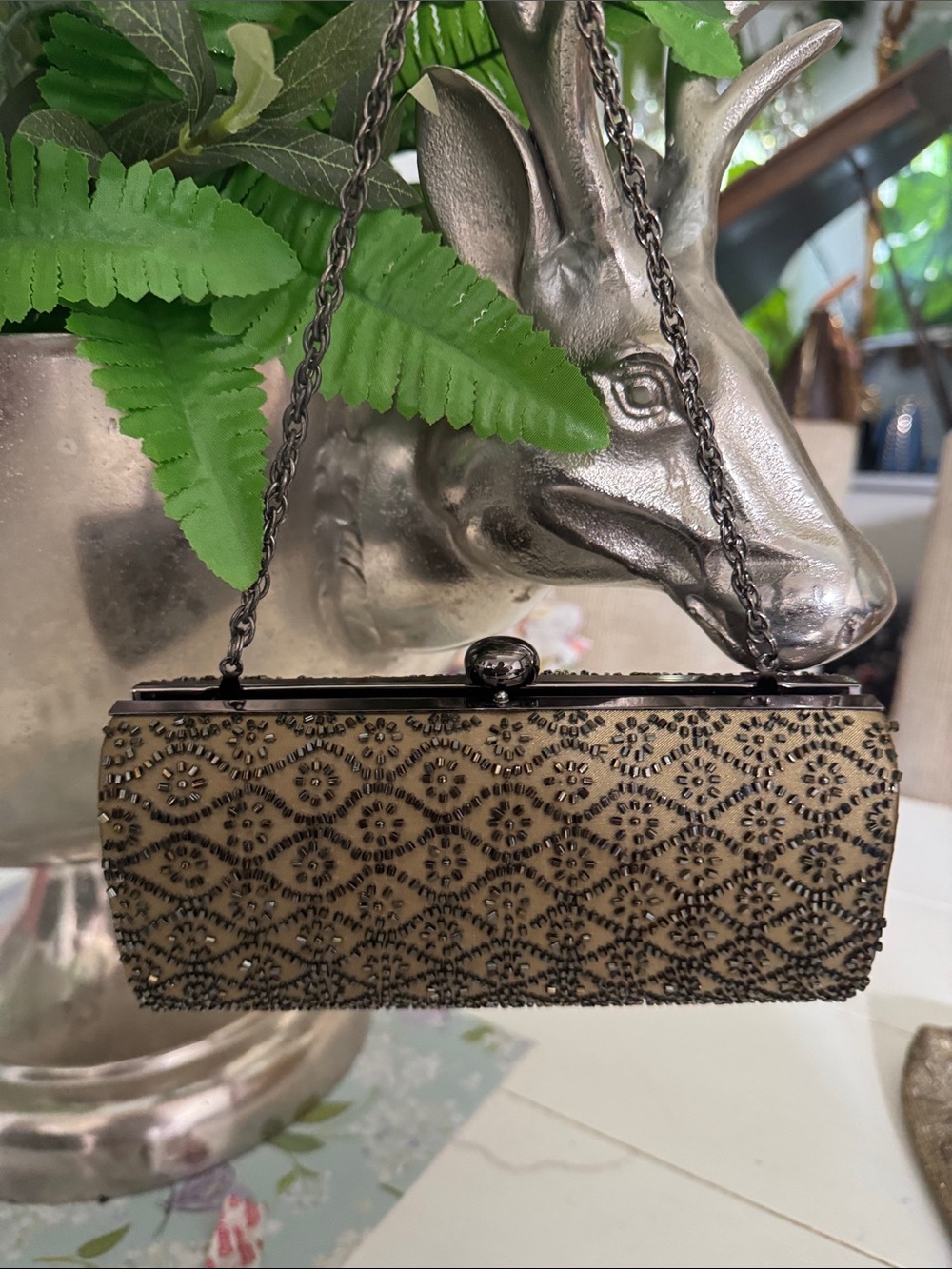 Embellished Taupe Evening Clutch with Chain Strap